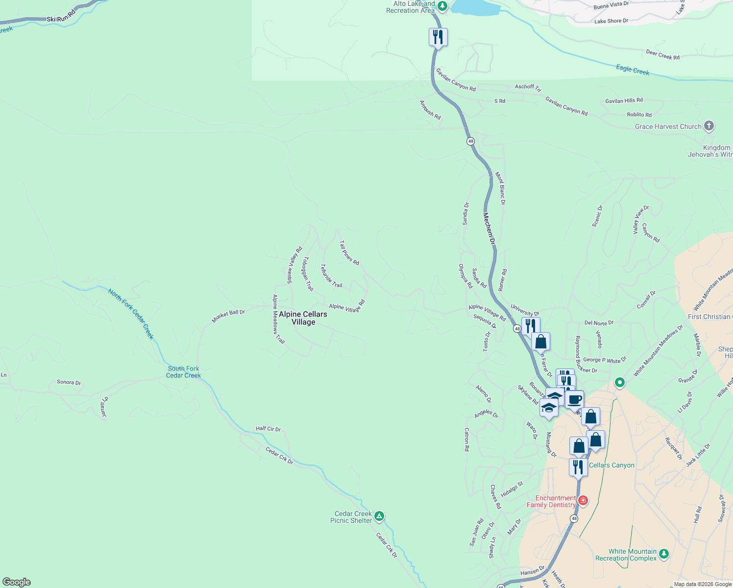 map of restaurants, bars, coffee shops, grocery stores, and more near 273 Alpine Village Road in Ruidoso