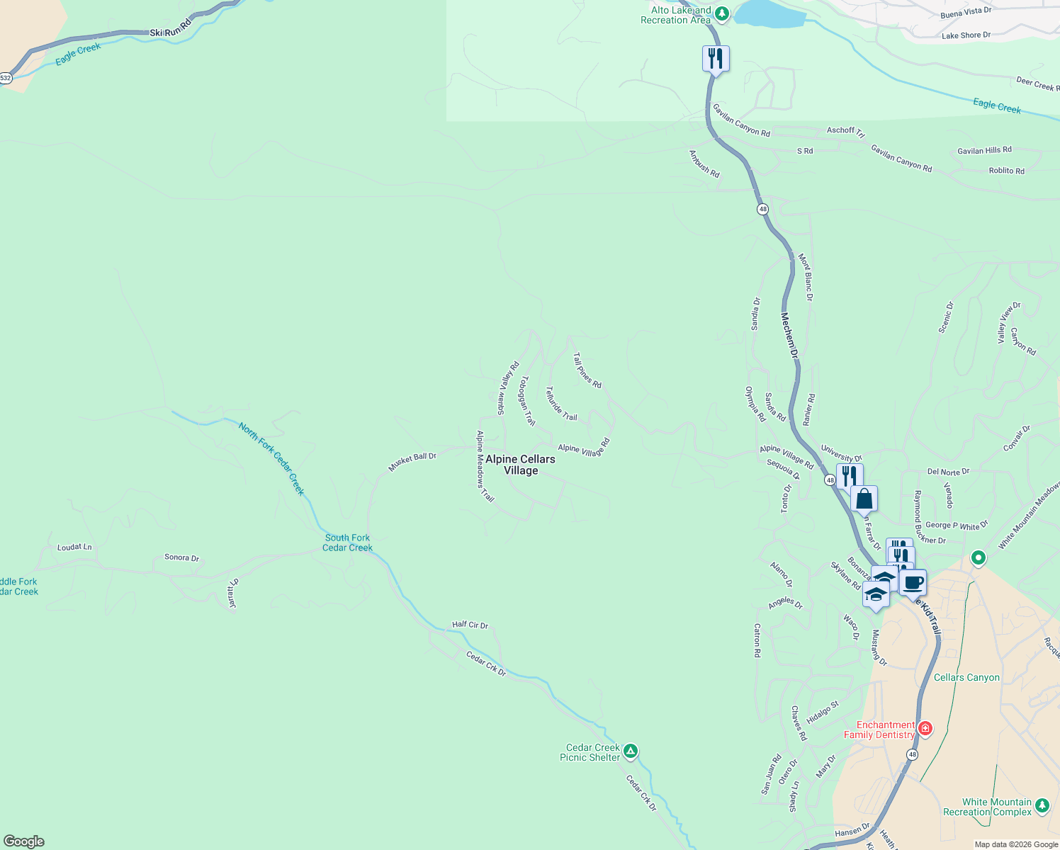 map of restaurants, bars, coffee shops, grocery stores, and more near 111 Toboggan Trail in Ruidoso