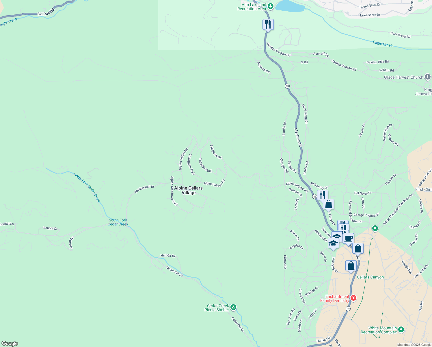 map of restaurants, bars, coffee shops, grocery stores, and more near 117 Telluride Trail in Ruidoso
