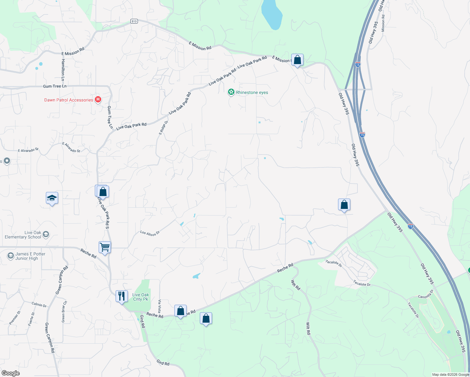map of restaurants, bars, coffee shops, grocery stores, and more near 722 Yucca Road in Fallbrook