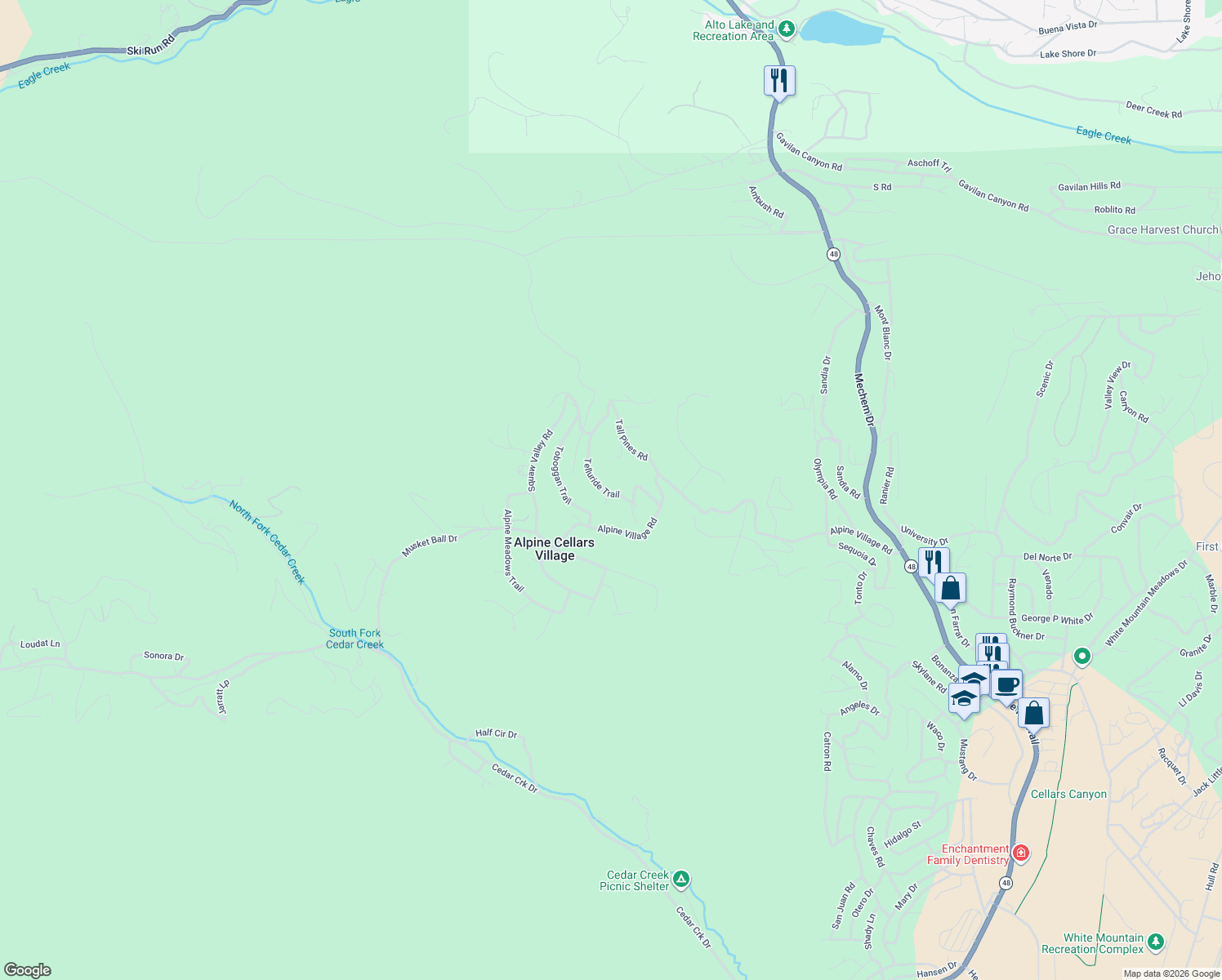 map of restaurants, bars, coffee shops, grocery stores, and more near 86-148 Sierra Blanca Trail in Ruidoso