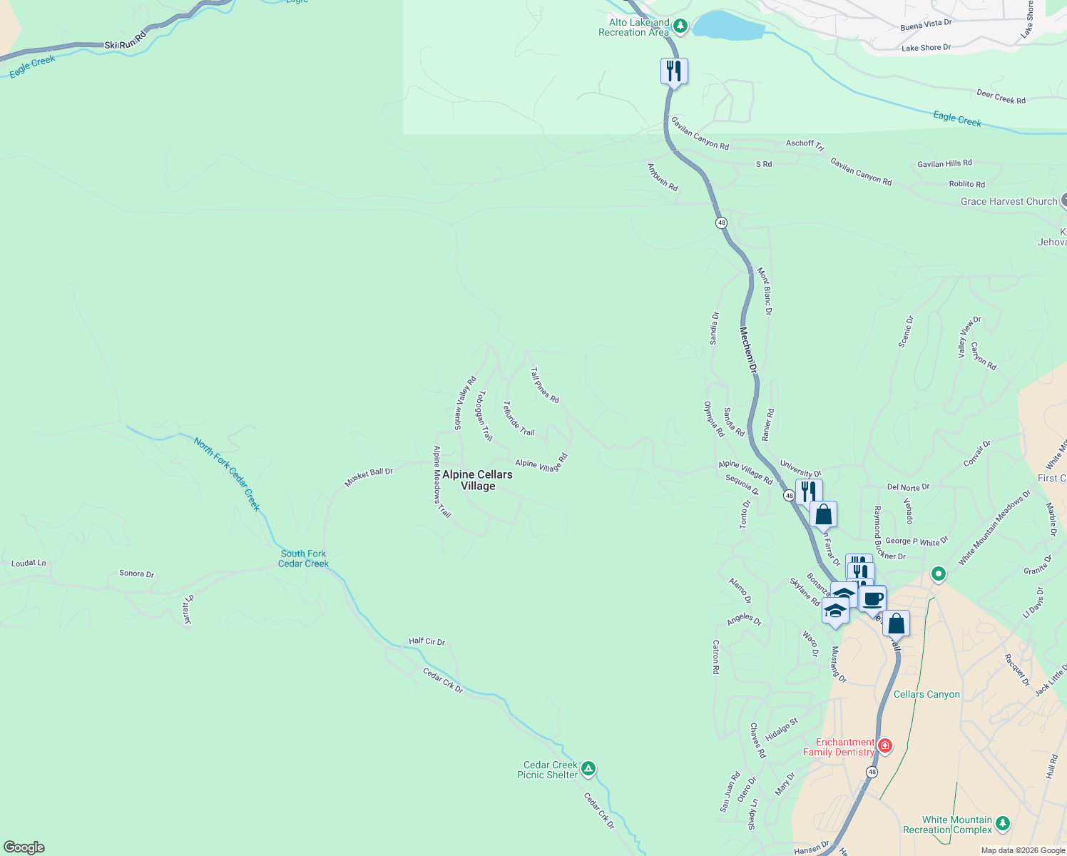 map of restaurants, bars, coffee shops, grocery stores, and more near 86-148 Sierra Blanca Trail in Ruidoso
