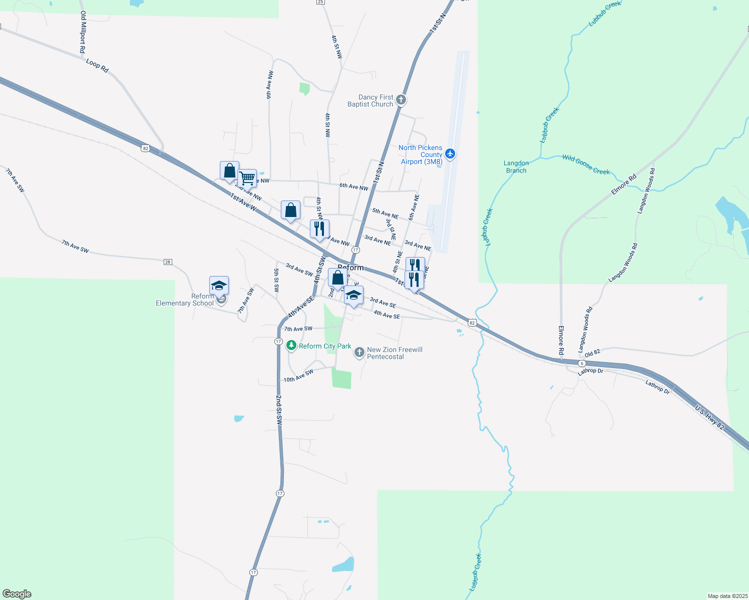 map of restaurants, bars, coffee shops, grocery stores, and more near 3rd Avenue Southeast in Reform