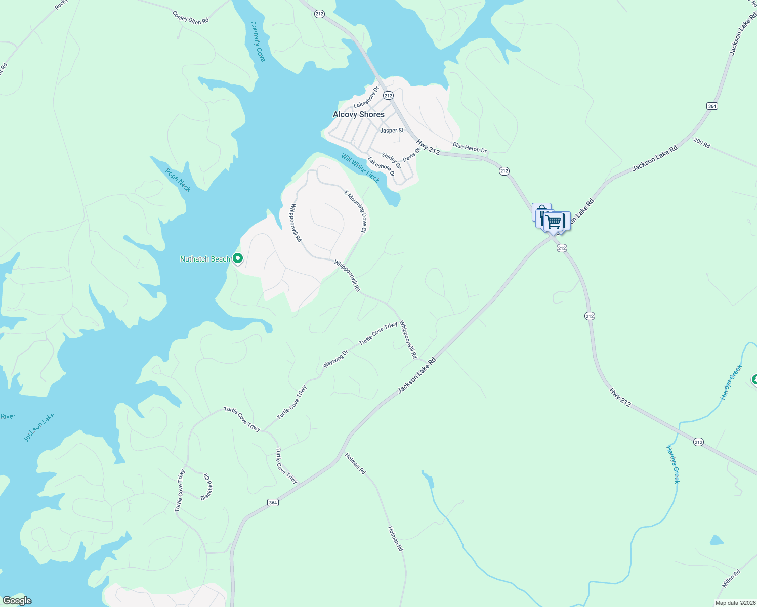 map of restaurants, bars, coffee shops, grocery stores, and more near 432 Whippoorwill Road in Monticello