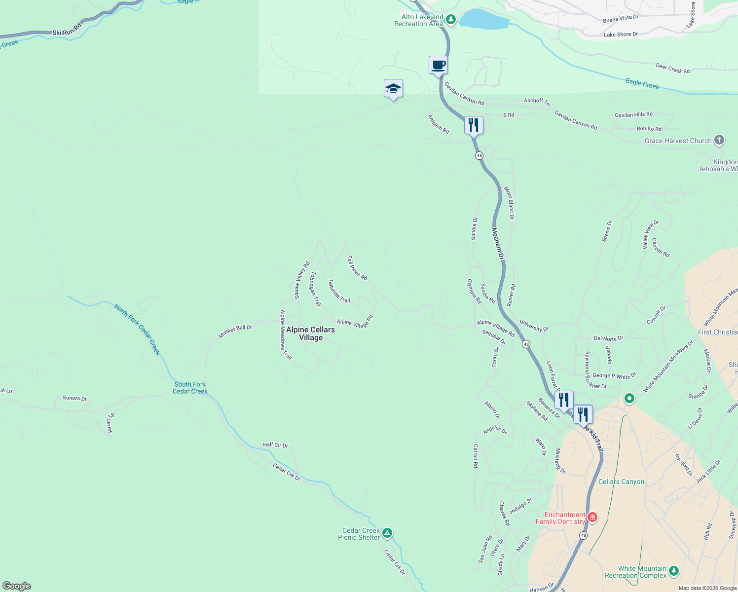 map of restaurants, bars, coffee shops, grocery stores, and more near 86 Sierra Blanca Trail in Ruidoso