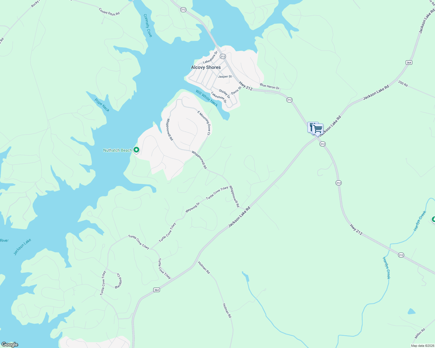 map of restaurants, bars, coffee shops, grocery stores, and more near 432 Whippoorwill Road in Monticello