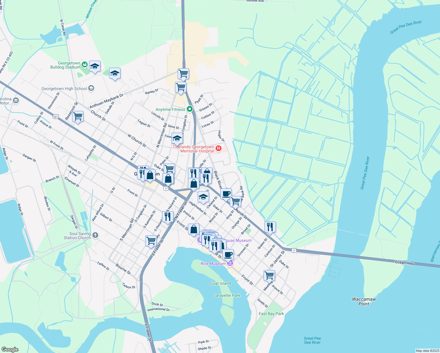 map of restaurants, bars, coffee shops, grocery stores, and more near 1185 Palmetto Street in Georgetown