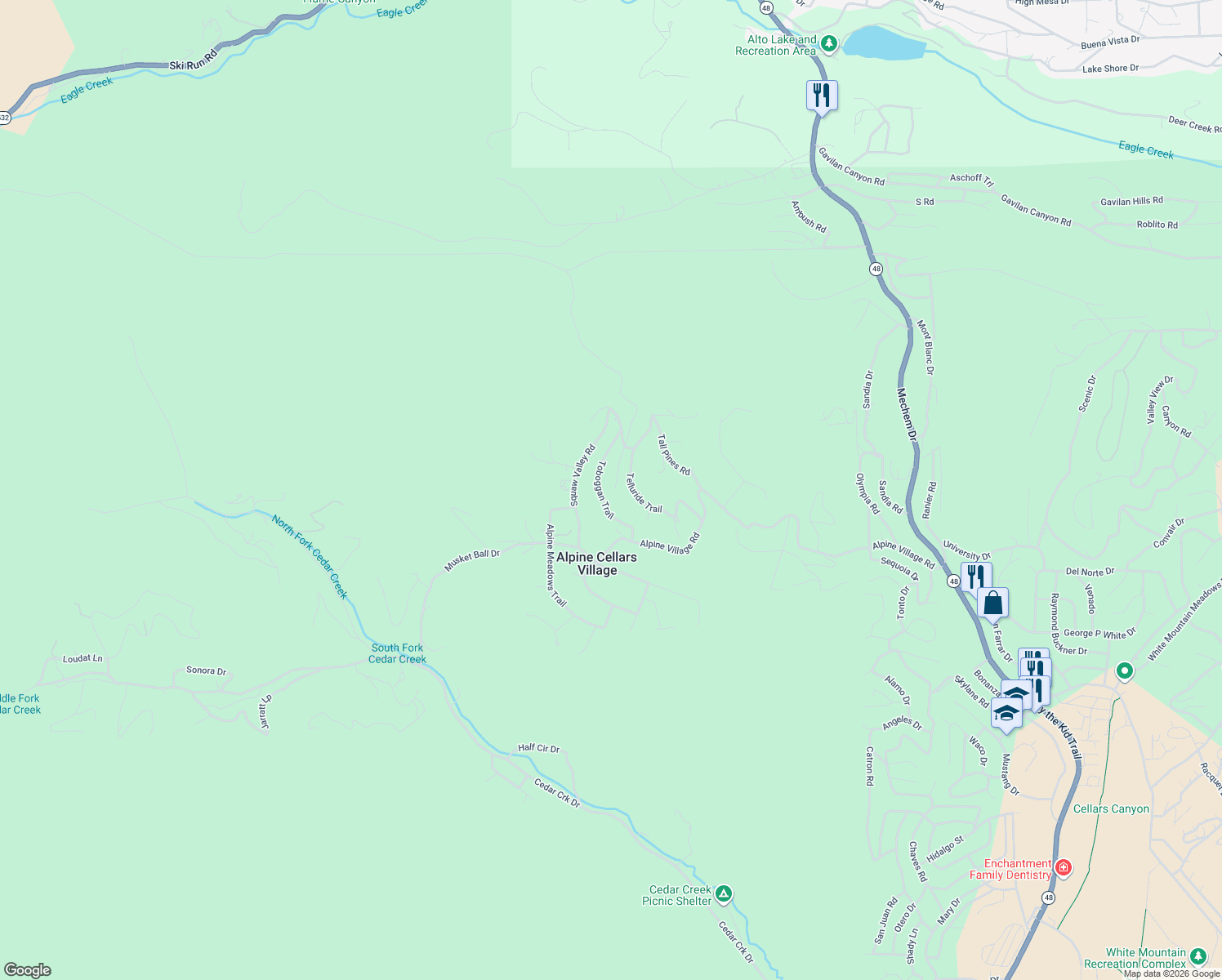 map of restaurants, bars, coffee shops, grocery stores, and more near 103-111 Toboggan Trail in Ruidoso