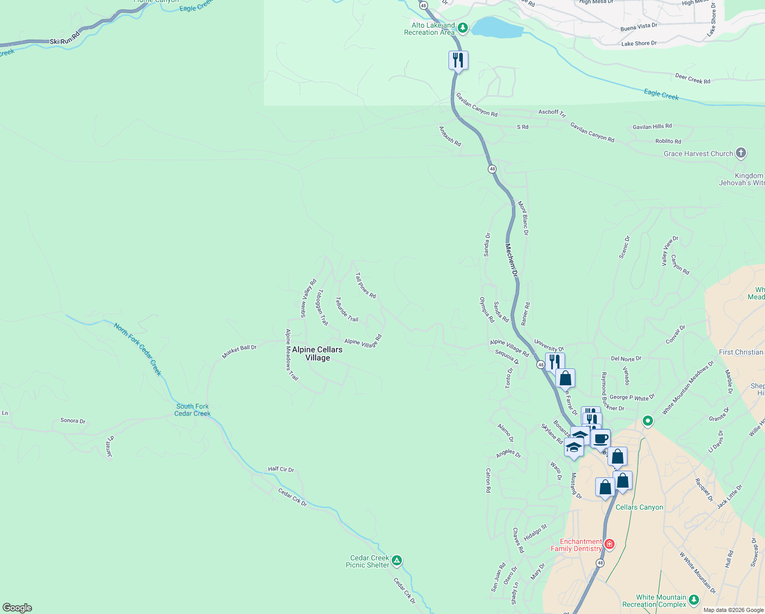 map of restaurants, bars, coffee shops, grocery stores, and more near 268 Alpine Village Road in Ruidoso