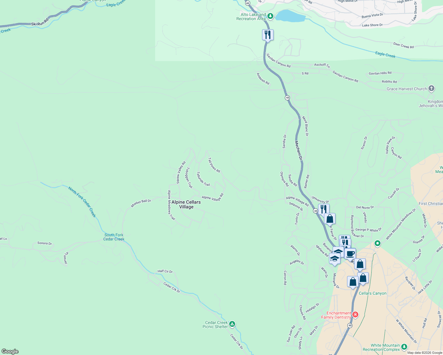 map of restaurants, bars, coffee shops, grocery stores, and more near 268-270 Alpine Village Road in Ruidoso