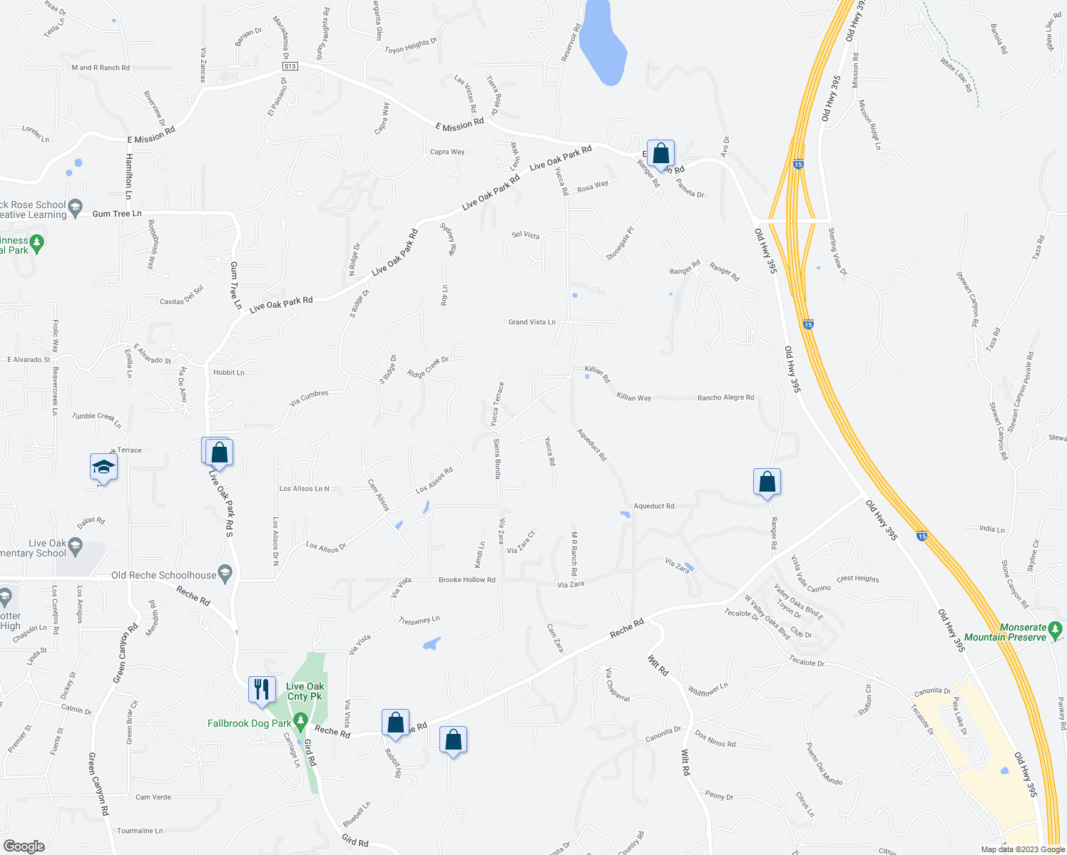 map of restaurants, bars, coffee shops, grocery stores, and more near 722 Yucca Road in Fallbrook