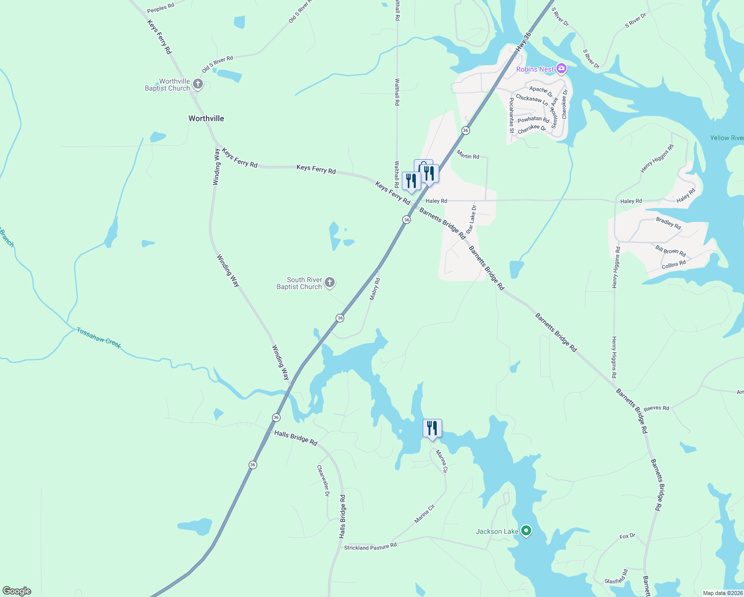 map of restaurants, bars, coffee shops, grocery stores, and more near 131 Mabry Road in Jackson
