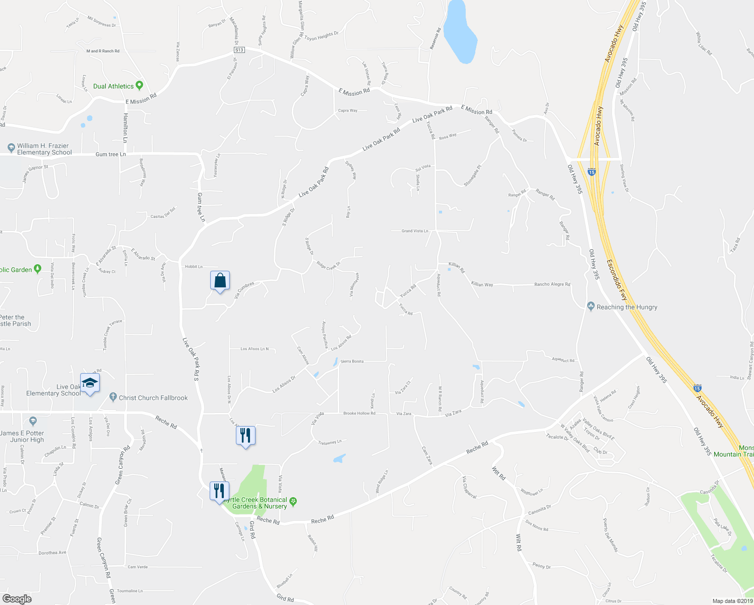 map of restaurants, bars, coffee shops, grocery stores, and more near 3347 Yucca Terrace in Fallbrook