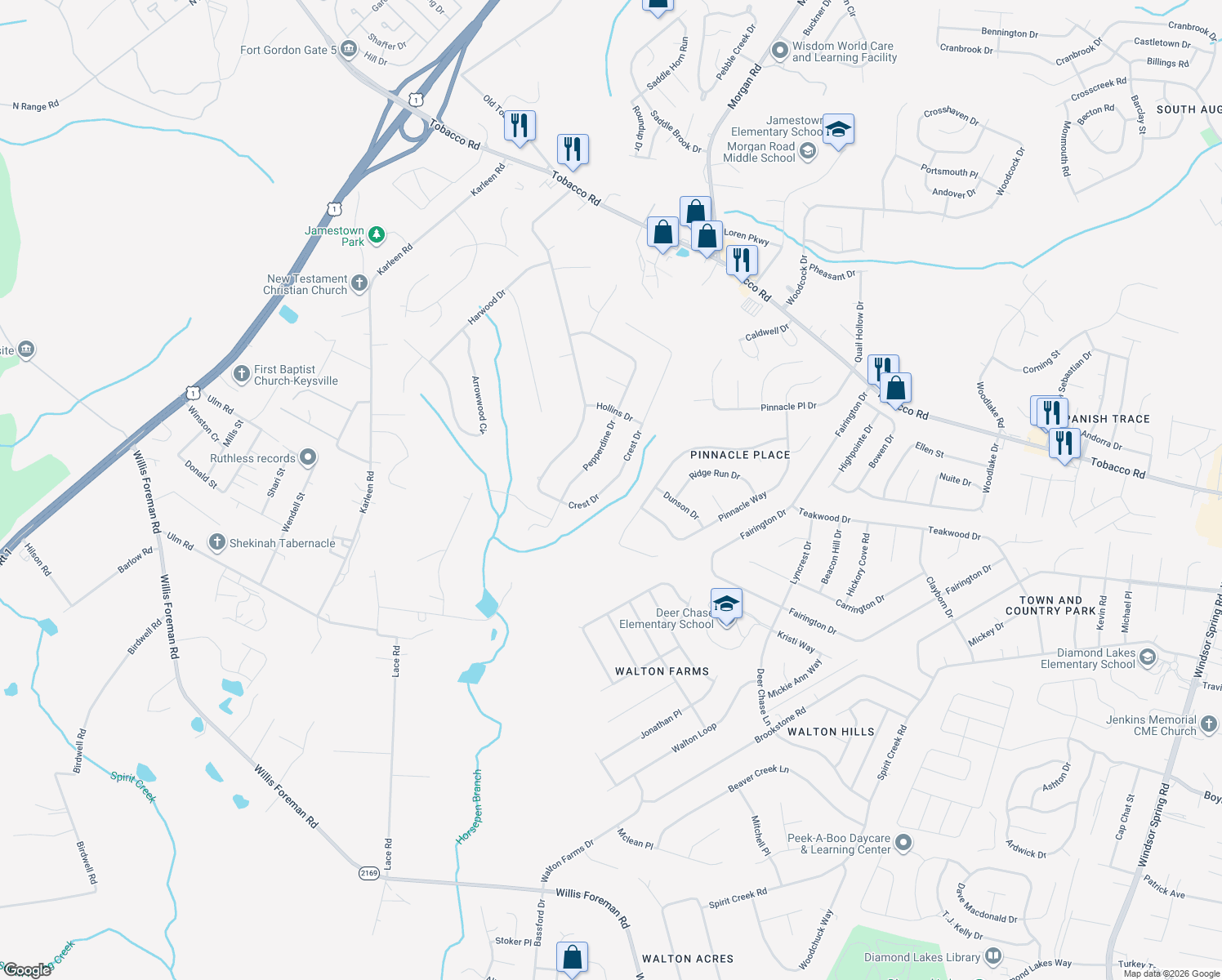 map of restaurants, bars, coffee shops, grocery stores, and more near 3865 Crest Drive in Hephzibah