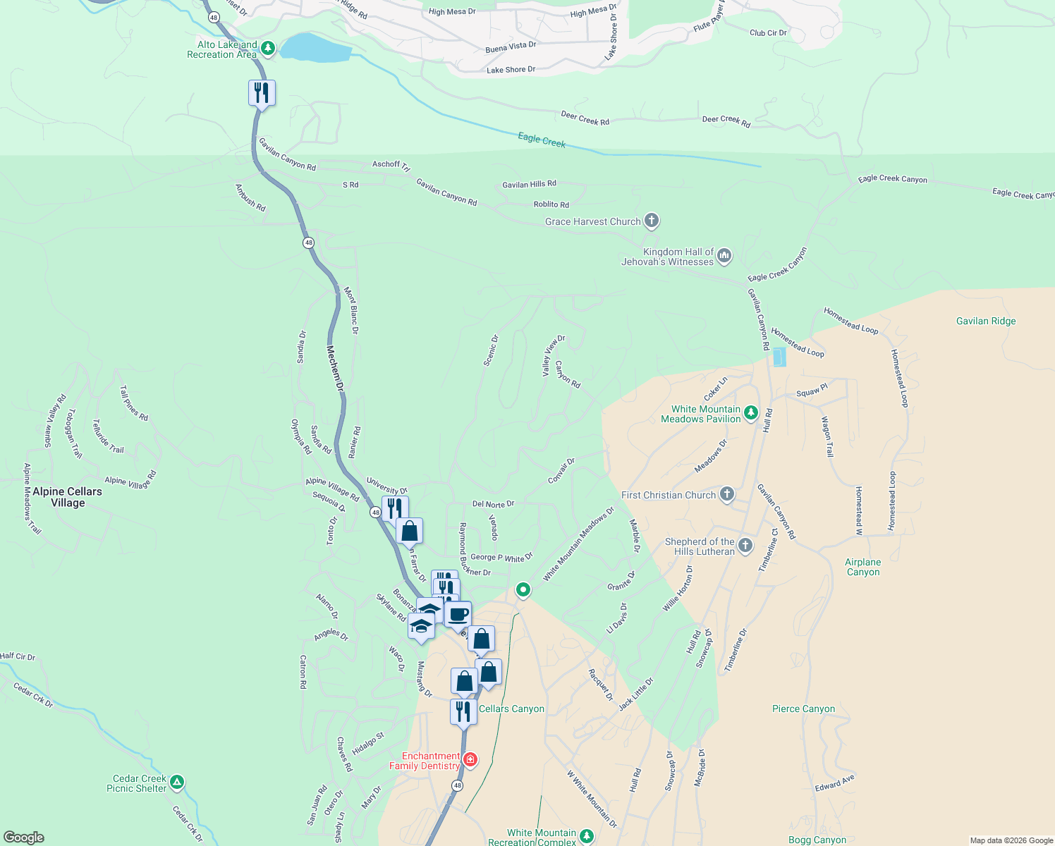 map of restaurants, bars, coffee shops, grocery stores, and more near 163 Valley View Dr in Ruidoso