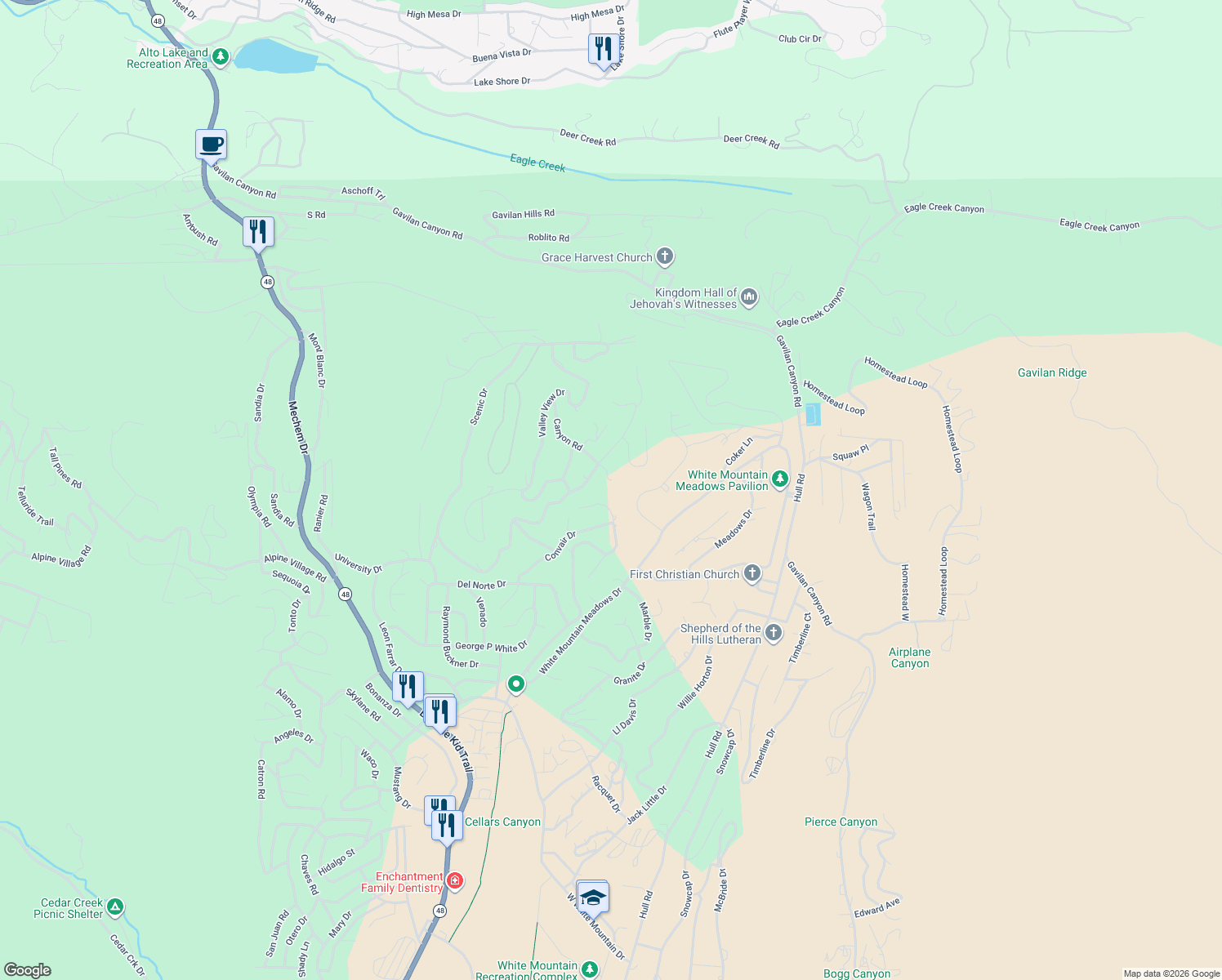 map of restaurants, bars, coffee shops, grocery stores, and more near 304 Canyon Road in Ruidoso