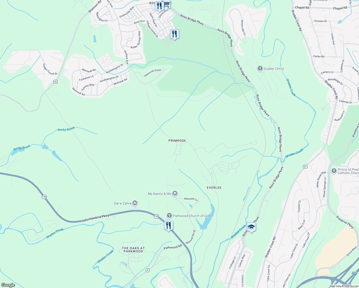 map of restaurants, bars, coffee shops, grocery stores, and more near 610 Maxwell Road Southeast in Birmingham