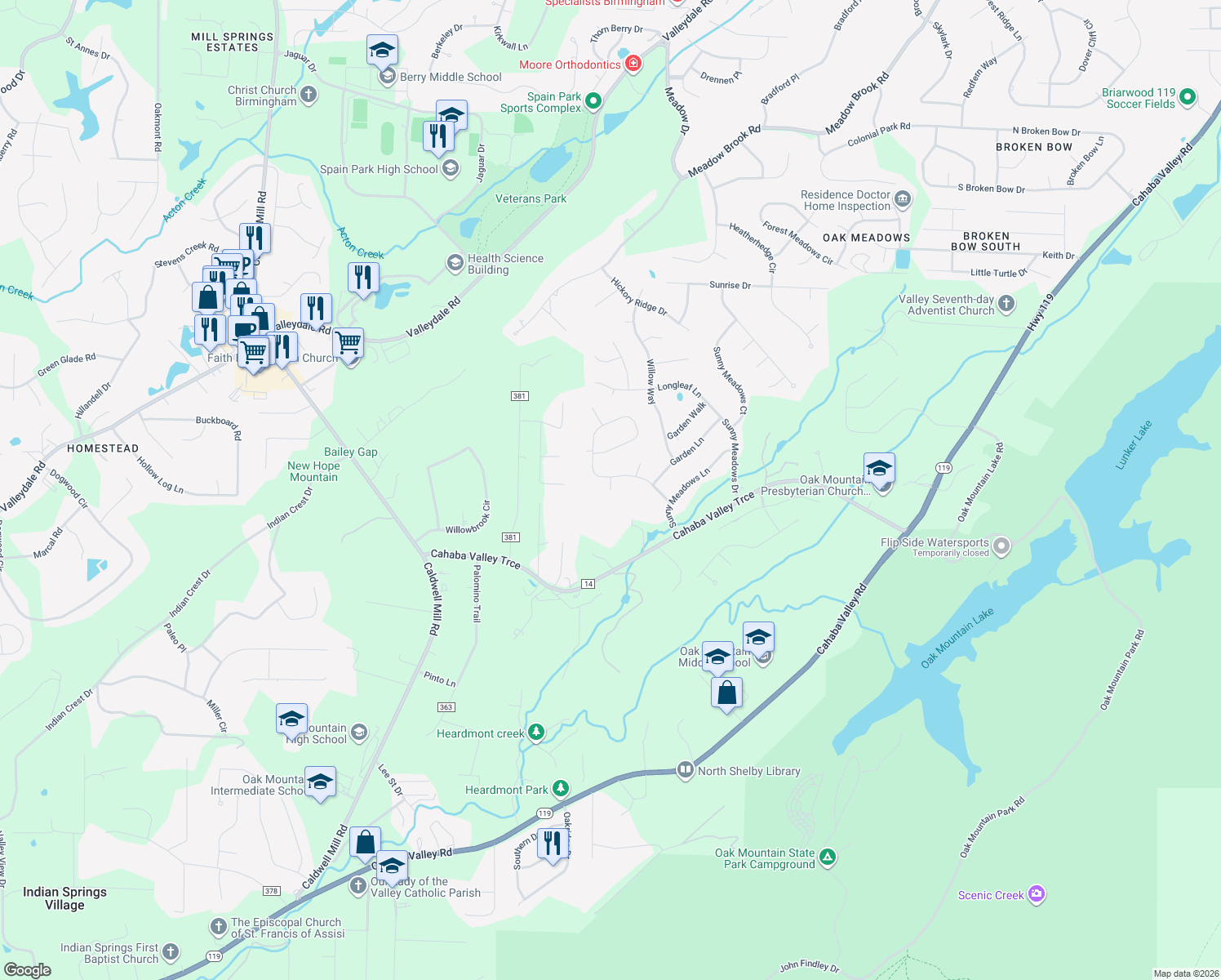 map of restaurants, bars, coffee shops, grocery stores, and more near 5365 Cottage Circle in Birmingham