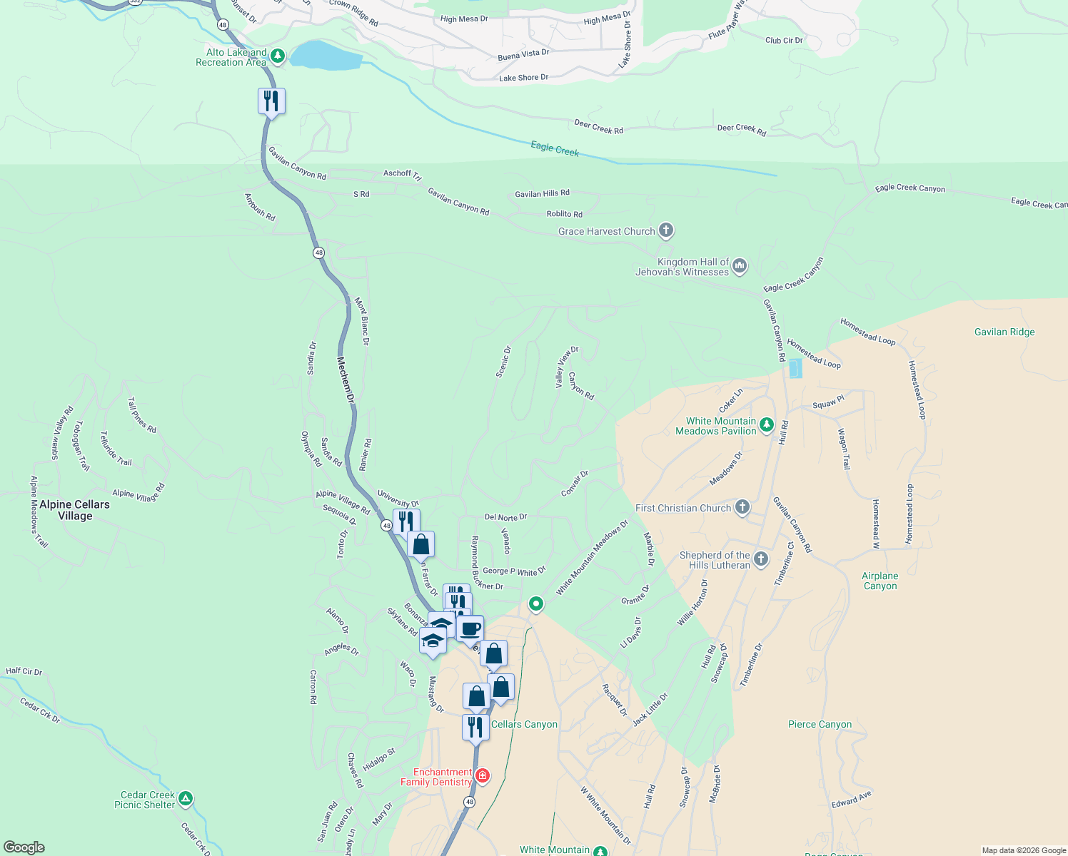 map of restaurants, bars, coffee shops, grocery stores, and more near 101-163 Valley View Dr in Ruidoso