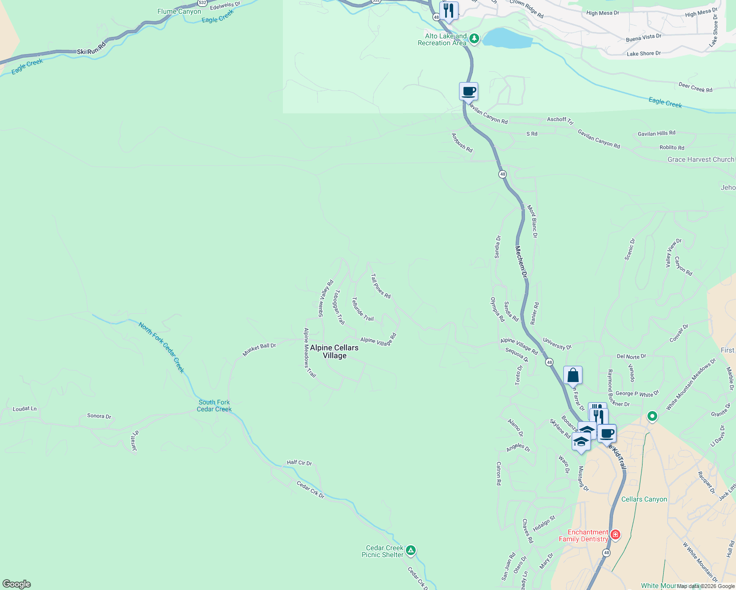 map of restaurants, bars, coffee shops, grocery stores, and more near Big Pines Pl in Ruidoso