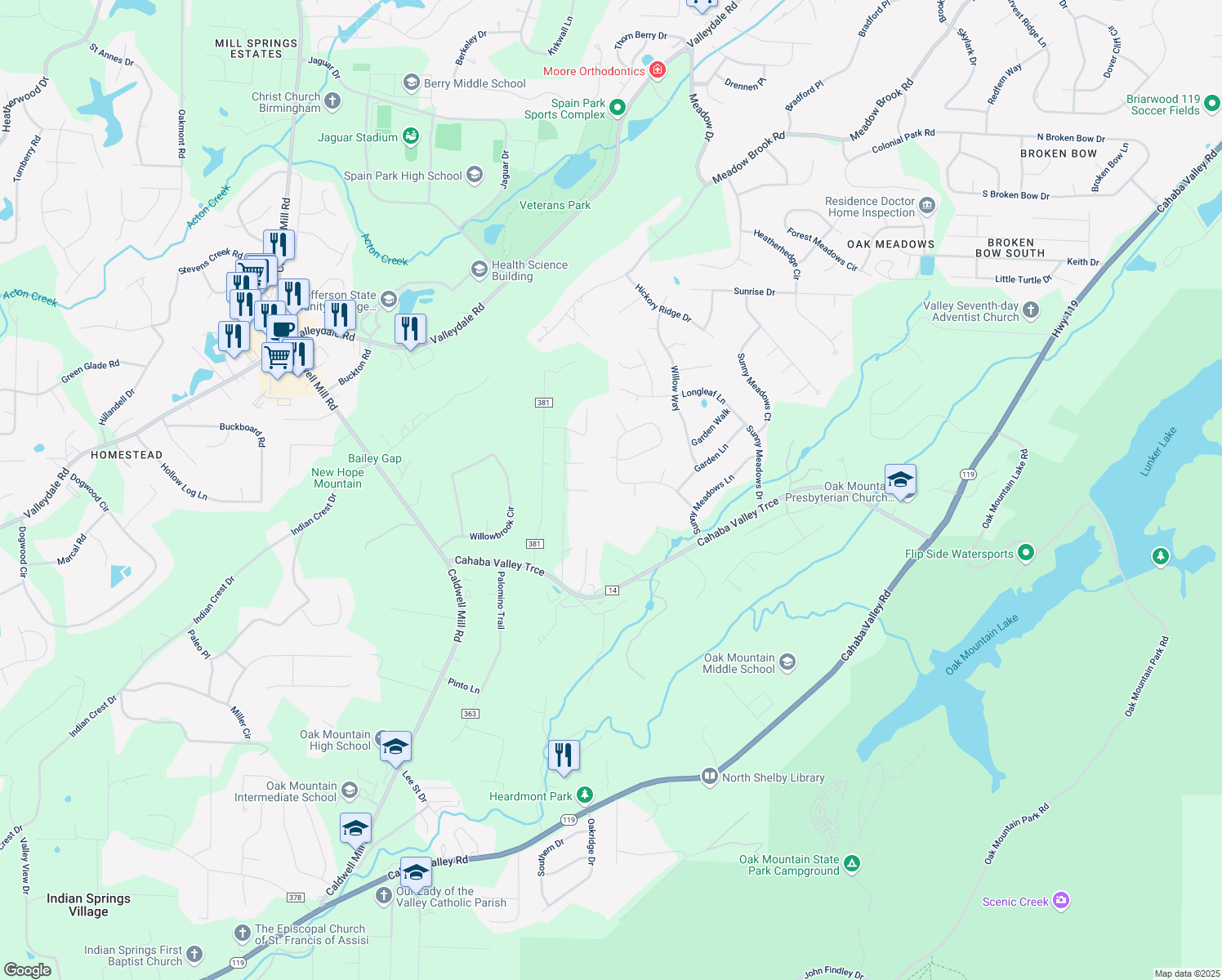 map of restaurants, bars, coffee shops, grocery stores, and more near 5321 Cottage Circle in Birmingham