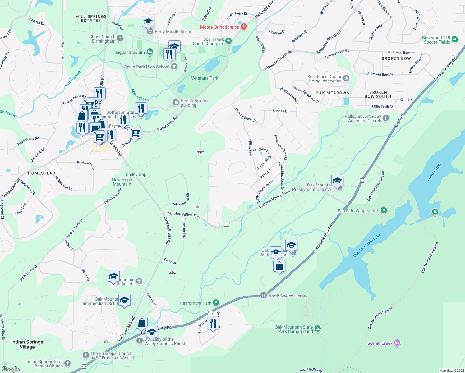 map of restaurants, bars, coffee shops, grocery stores, and more near 5321 Cottage Circle in Birmingham