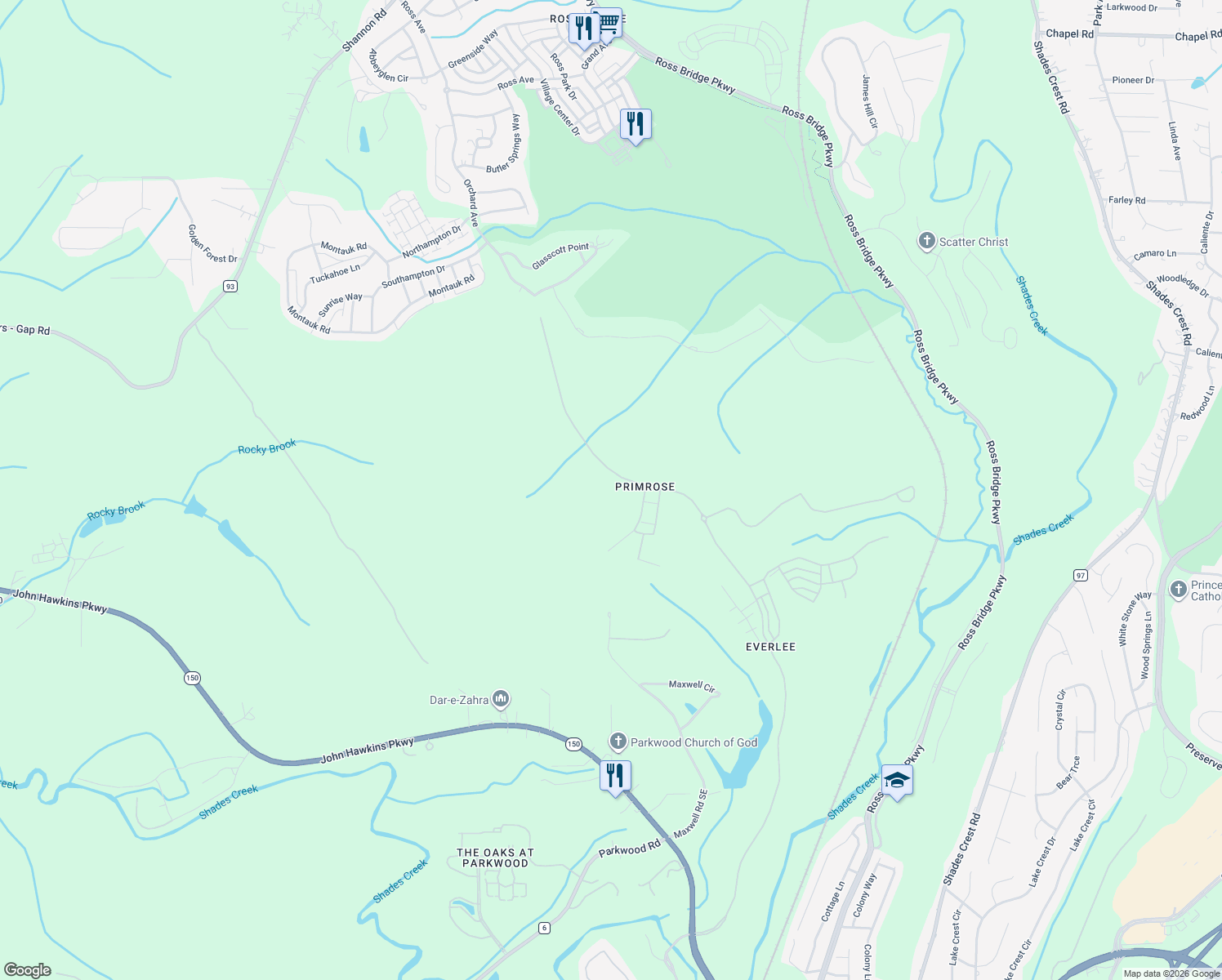 map of restaurants, bars, coffee shops, grocery stores, and more near 601 Maxwell Road Southeast in Bessemer