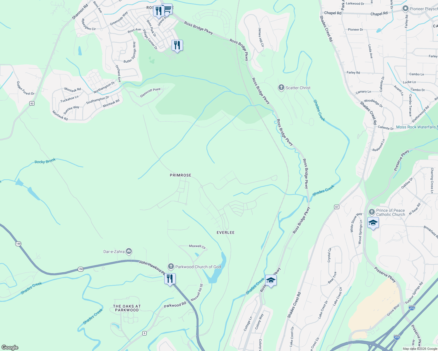 map of restaurants, bars, coffee shops, grocery stores, and more near 158 Maxwell Circle in Bessemer