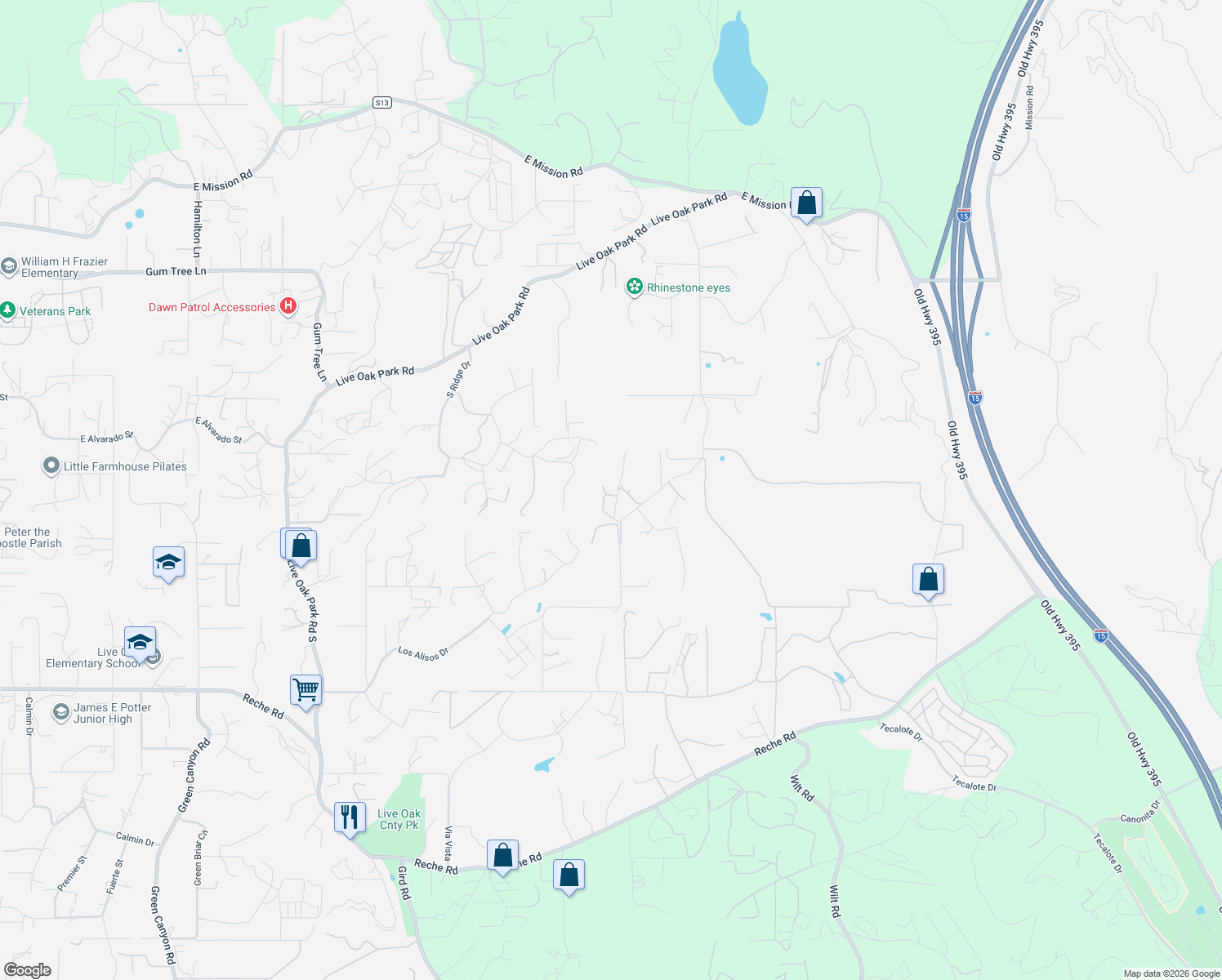 map of restaurants, bars, coffee shops, grocery stores, and more near 3281 Yucca Terrace in Fallbrook