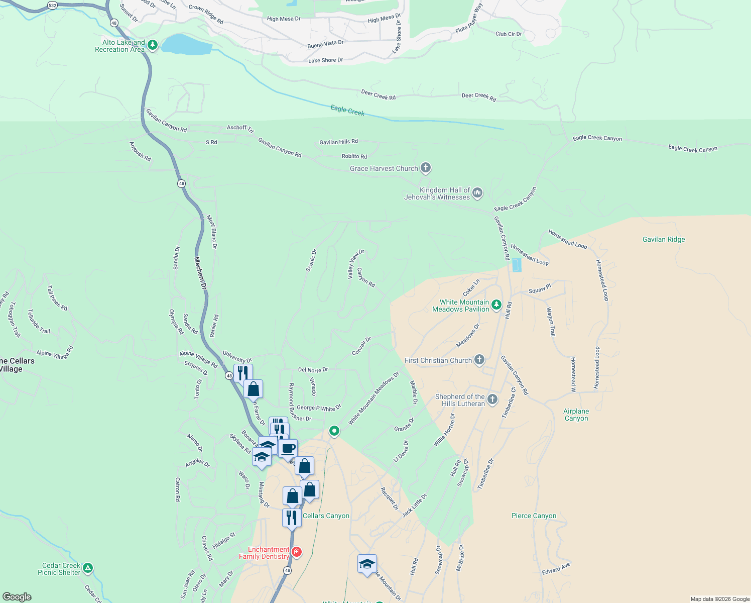 map of restaurants, bars, coffee shops, grocery stores, and more near 303-399 College Drive in Ruidoso