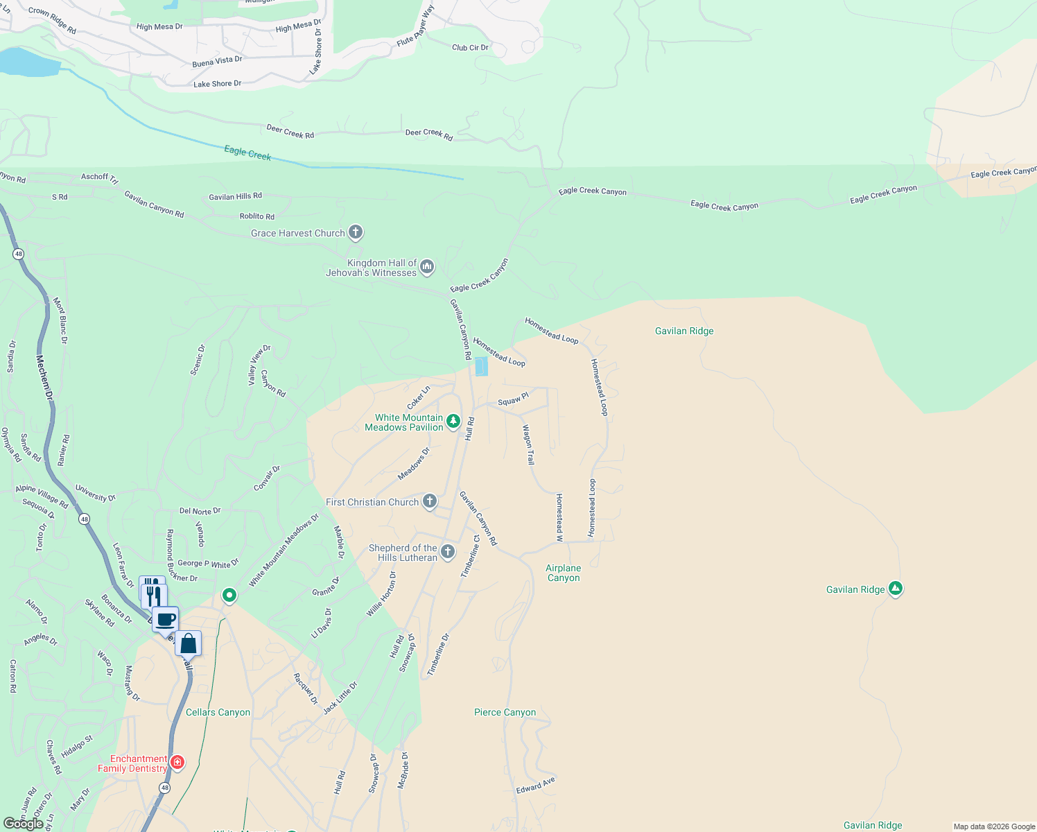 map of restaurants, bars, coffee shops, grocery stores, and more near 198 Papoose Place in Ruidoso