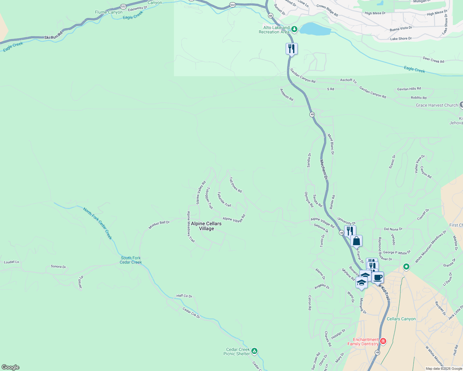 map of restaurants, bars, coffee shops, grocery stores, and more near Big Pines Place in Ruidoso