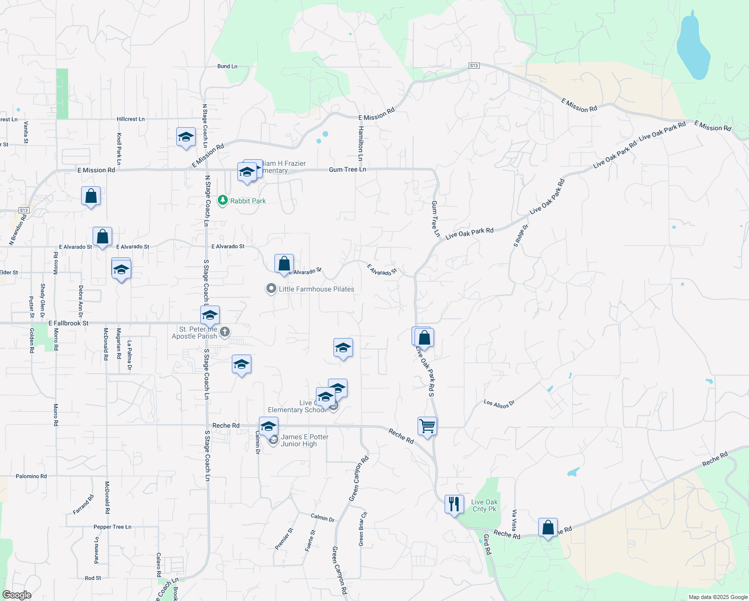 map of restaurants, bars, coffee shops, grocery stores, and more near 287 Vía De Amo in Fallbrook