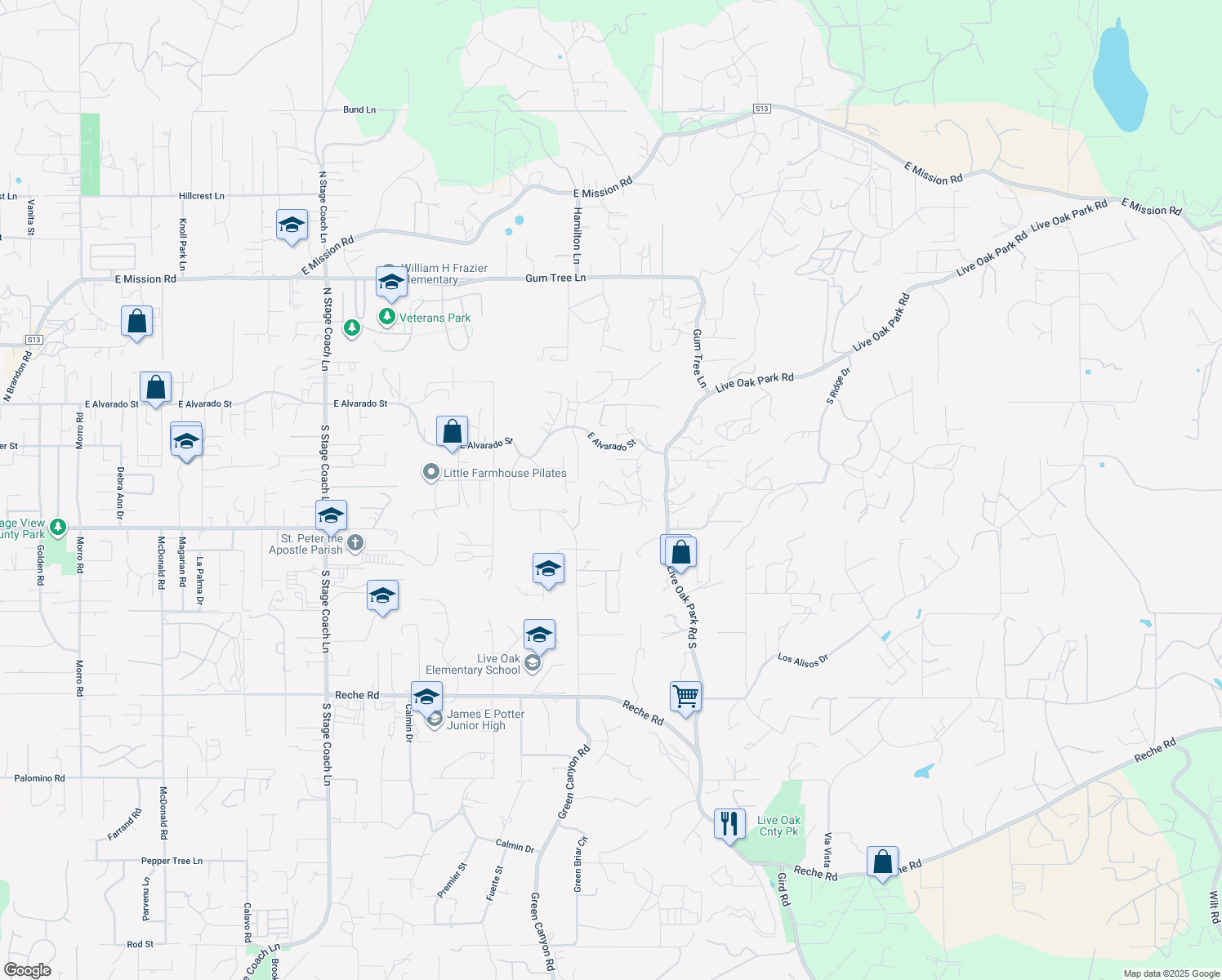 map of restaurants, bars, coffee shops, grocery stores, and more near 287 Vía De Amo in Fallbrook