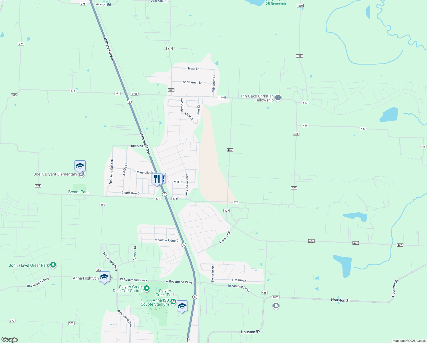 map of restaurants, bars, coffee shops, grocery stores, and more near 13043 County Road 426 in Anna