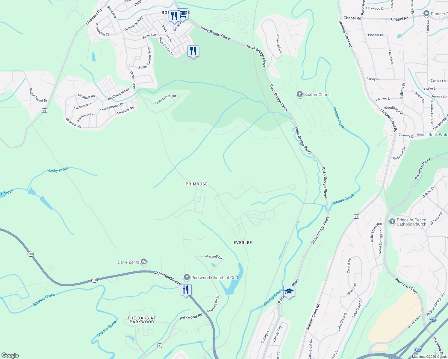 map of restaurants, bars, coffee shops, grocery stores, and more near 158 Maxwell Circle in Bessemer