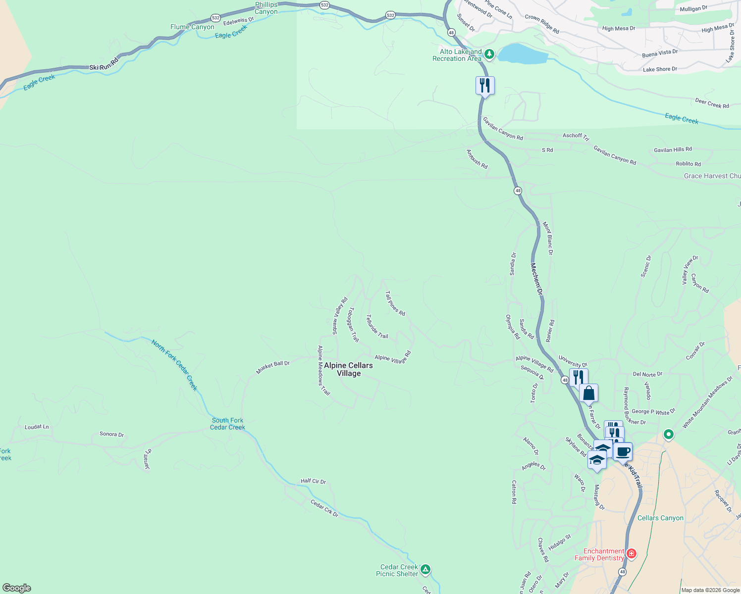 map of restaurants, bars, coffee shops, grocery stores, and more near 117-139 Telluride Trail in Ruidoso