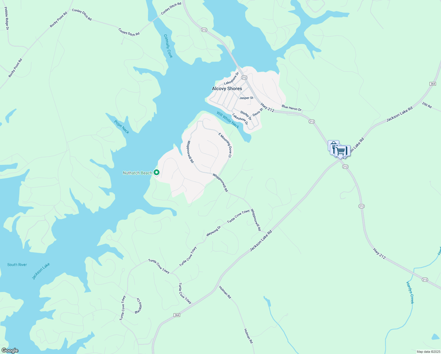 map of restaurants, bars, coffee shops, grocery stores, and more near 18 East Mourning Dove Court in Monticello
