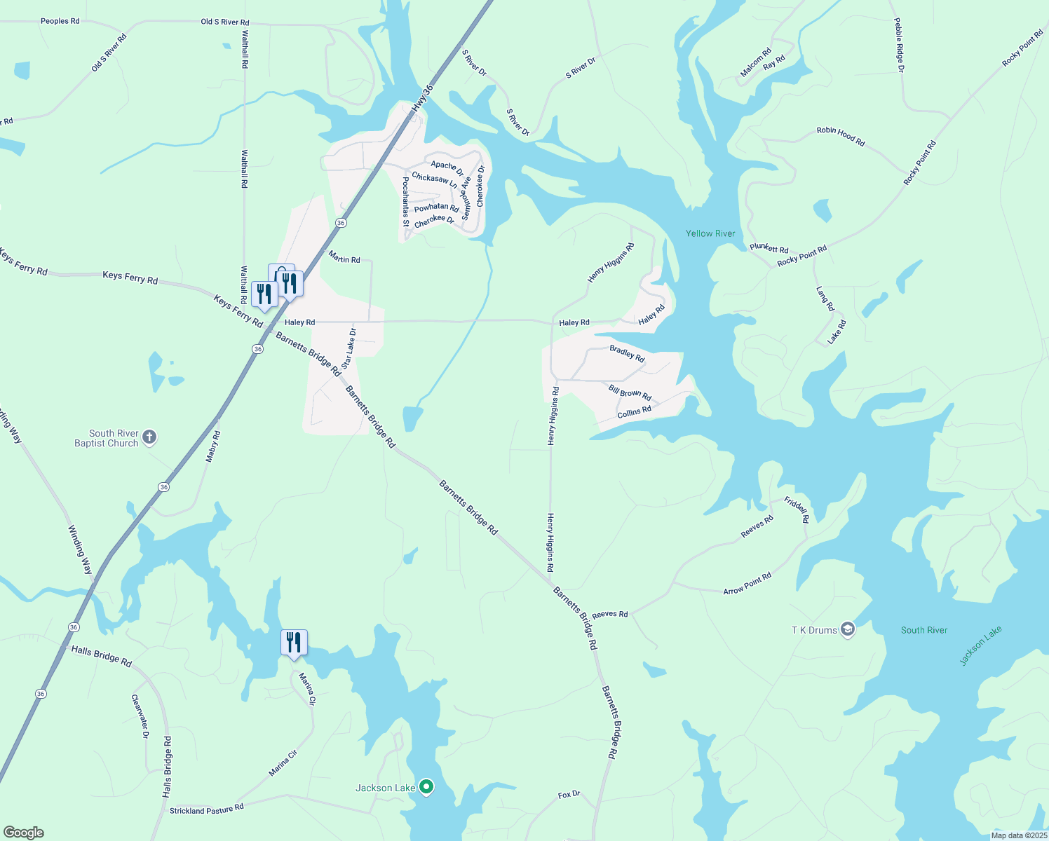 map of restaurants, bars, coffee shops, grocery stores, and more near 220 Sugar Hill Court in Jackson