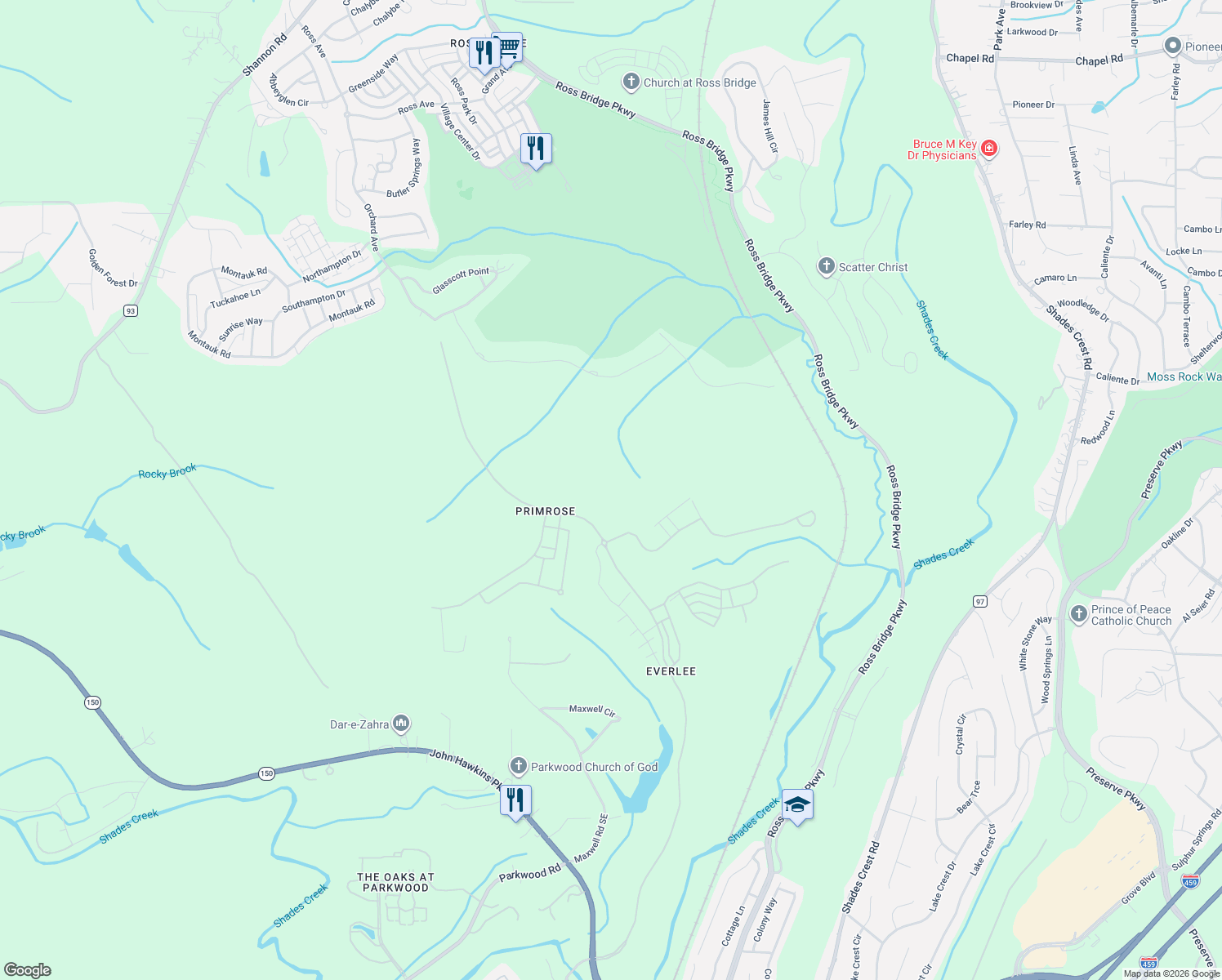 map of restaurants, bars, coffee shops, grocery stores, and more near 610 Maxwell Road Southeast in Birmingham