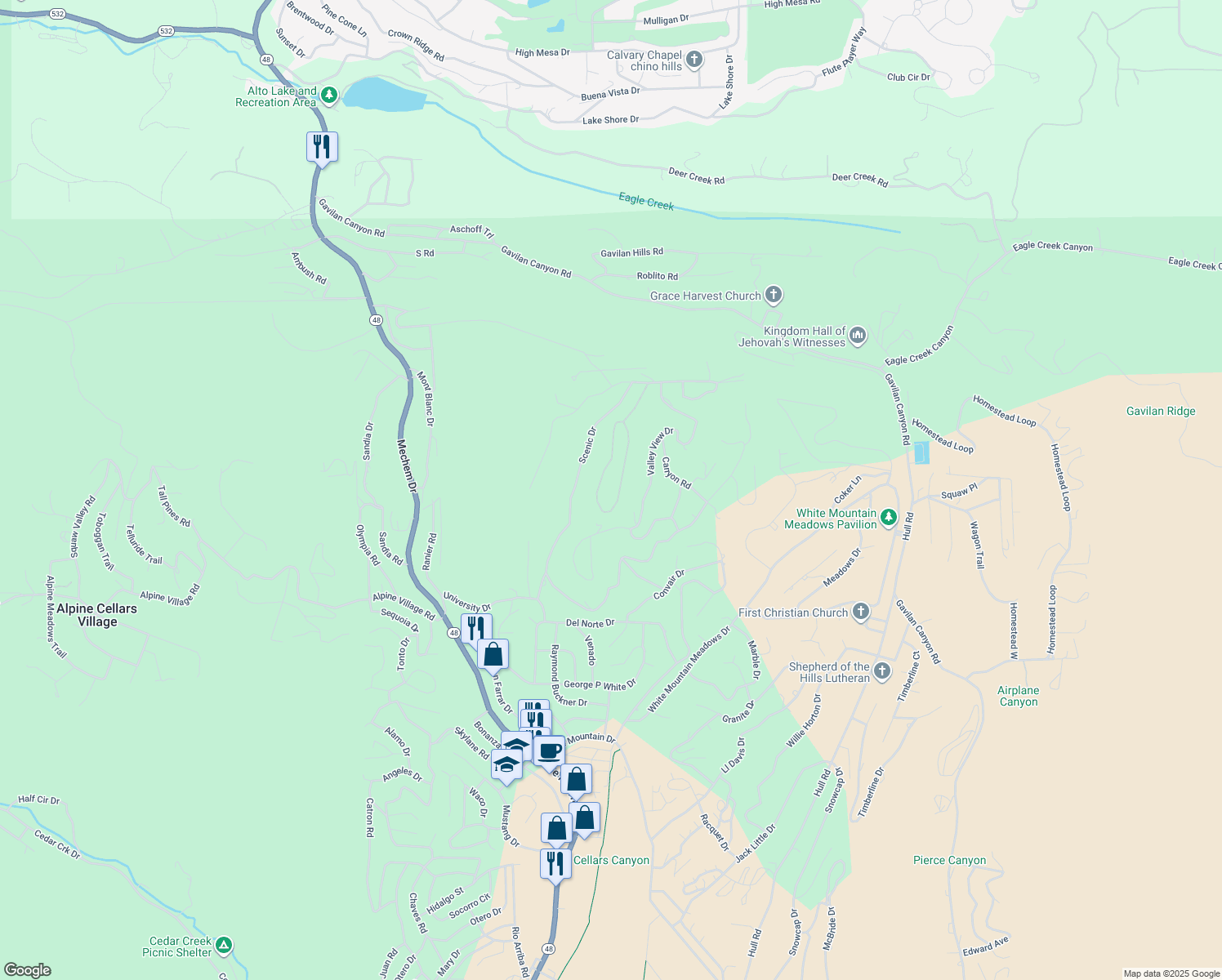 map of restaurants, bars, coffee shops, grocery stores, and more near 167-267 Valley View Drive in Ruidoso