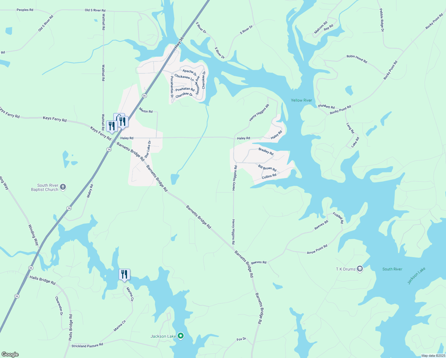 map of restaurants, bars, coffee shops, grocery stores, and more near 220 Sugar Hill Court in Jackson