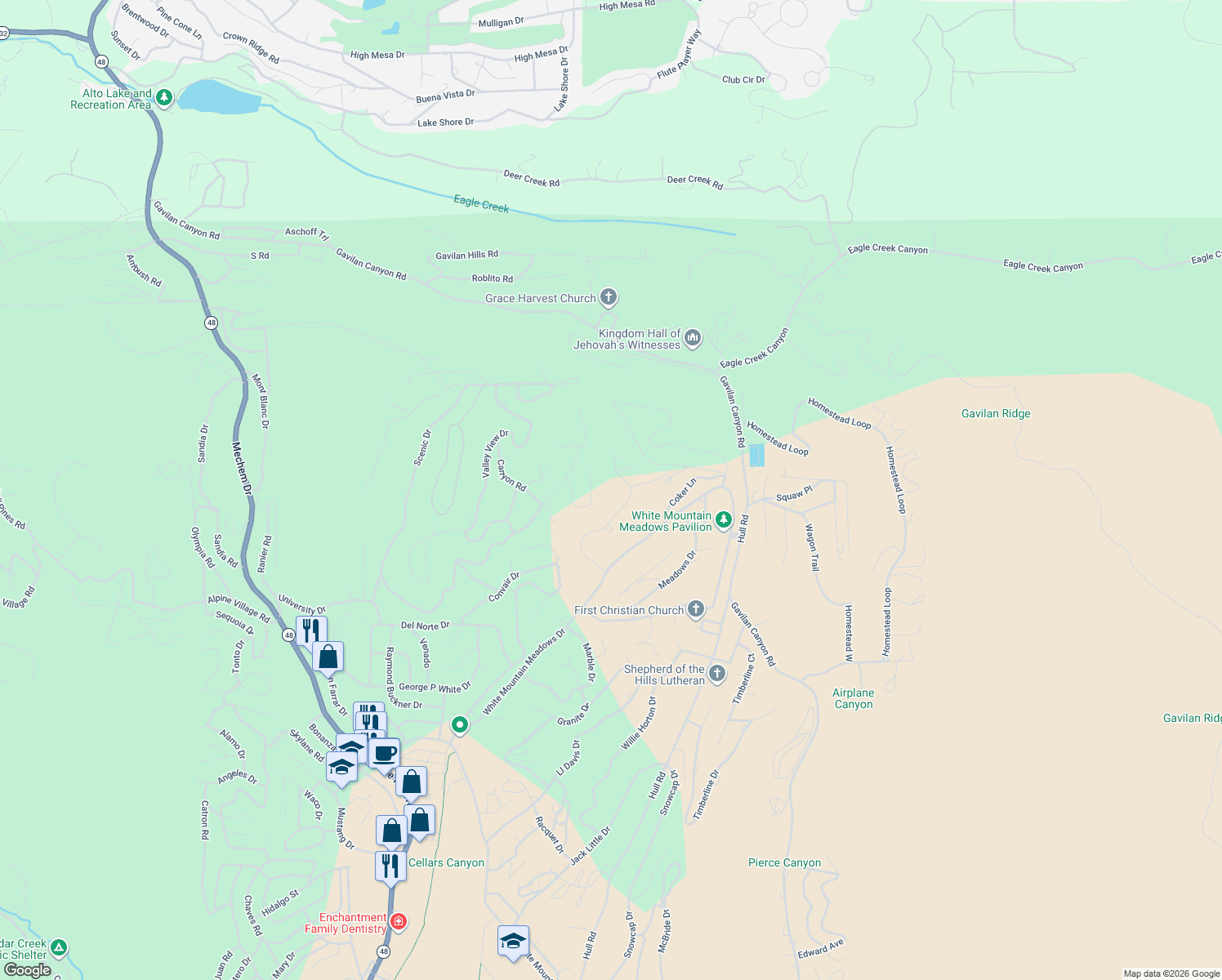 map of restaurants, bars, coffee shops, grocery stores, and more near 198 Charles McClellan Drive in Ruidoso