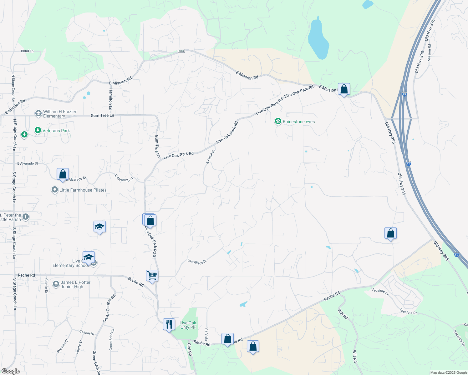 map of restaurants, bars, coffee shops, grocery stores, and more near 3031 Ridge Creek Drive in Fallbrook