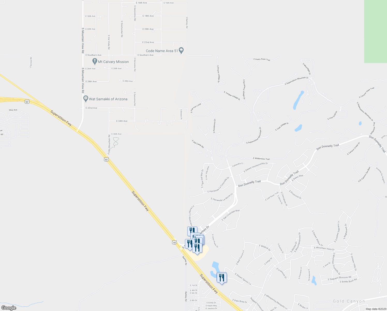 map of restaurants, bars, coffee shops, grocery stores, and more near 3882 South Summit TR in Gold Canyon