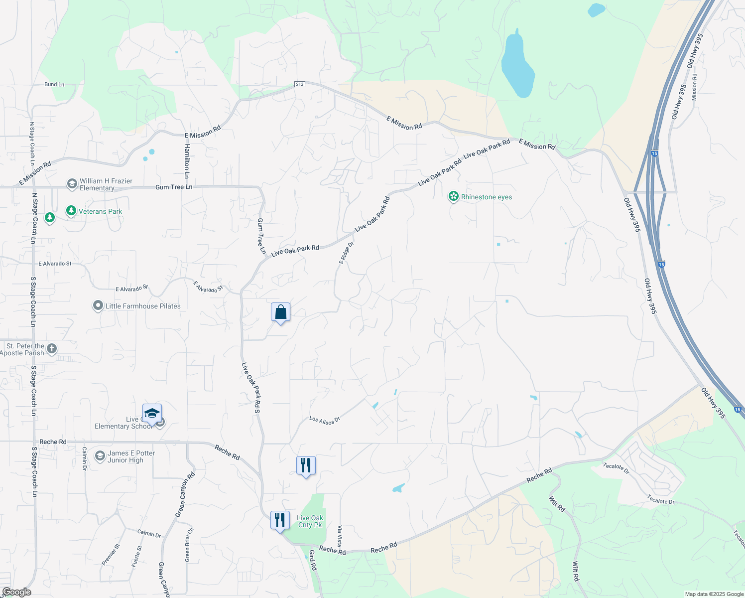 map of restaurants, bars, coffee shops, grocery stores, and more near 3031 Ridge Creek Drive in Fallbrook