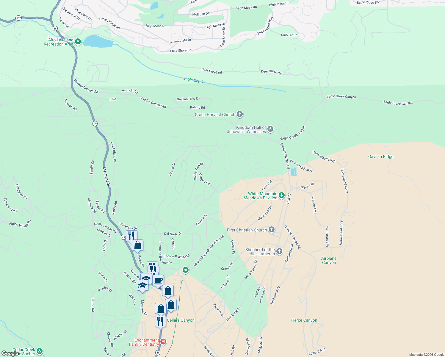 map of restaurants, bars, coffee shops, grocery stores, and more near 413 College Drive in Ruidoso