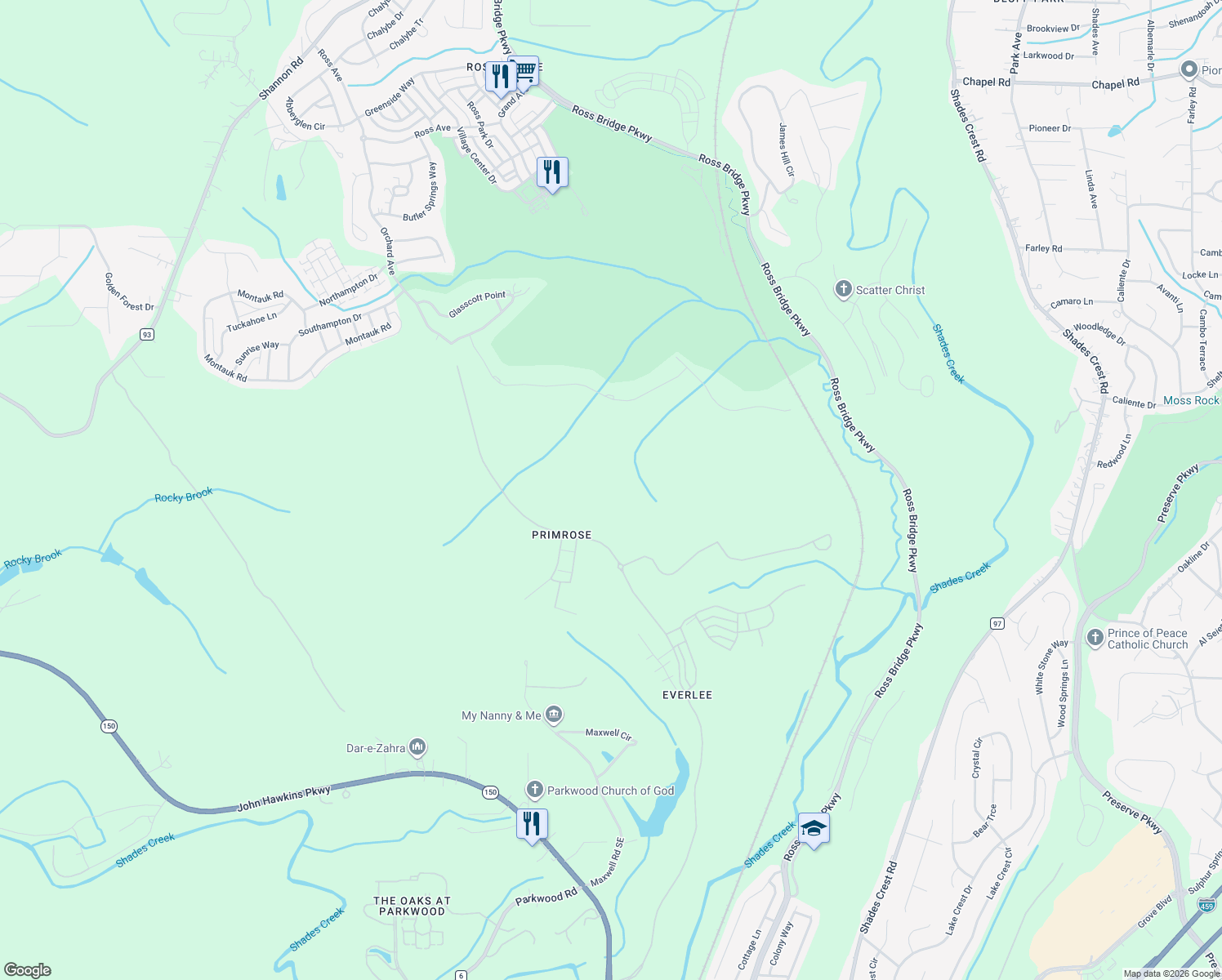 map of restaurants, bars, coffee shops, grocery stores, and more near 610 Maxwell Road Southeast in Birmingham