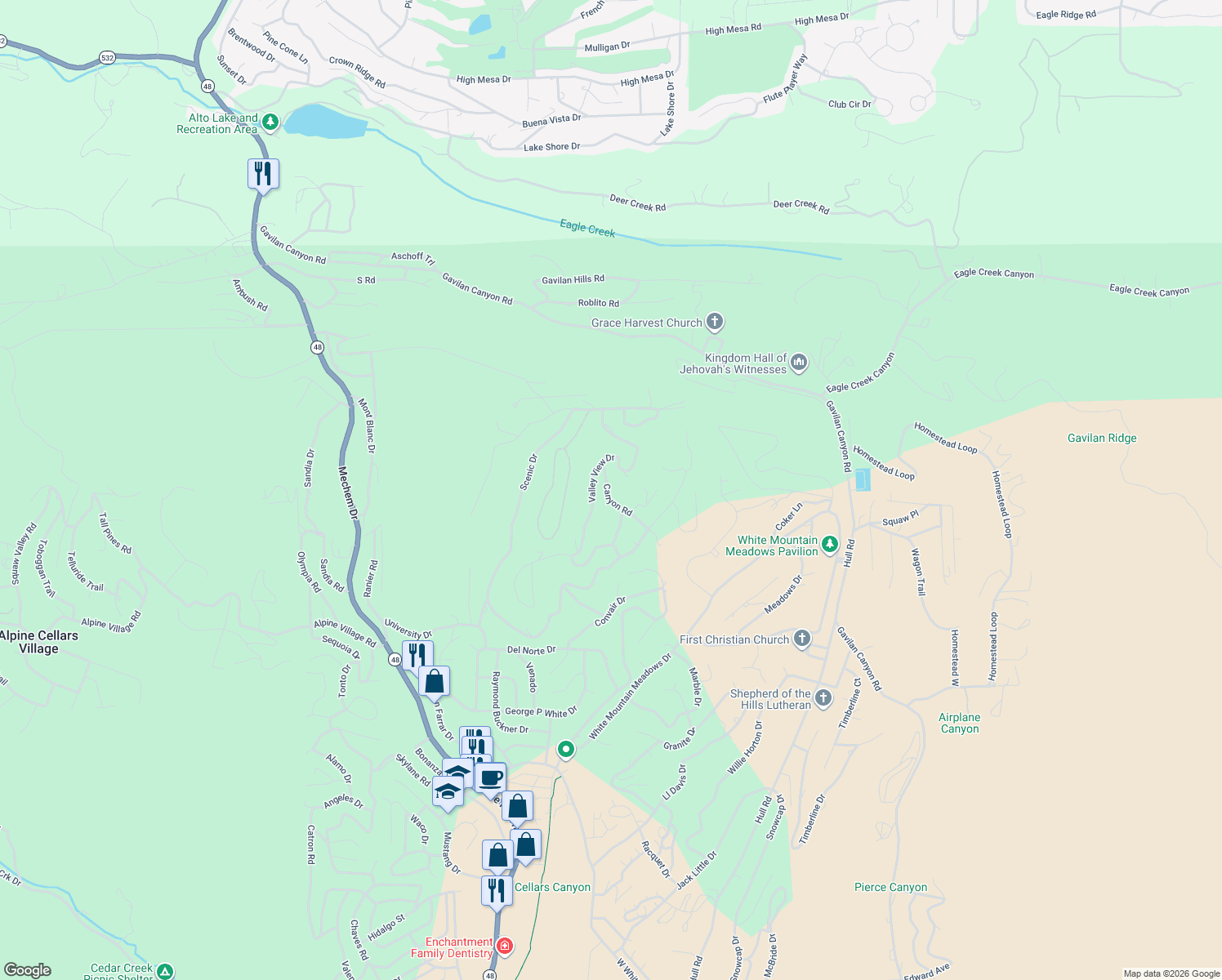 map of restaurants, bars, coffee shops, grocery stores, and more near 304 Canyon Road in Ruidoso