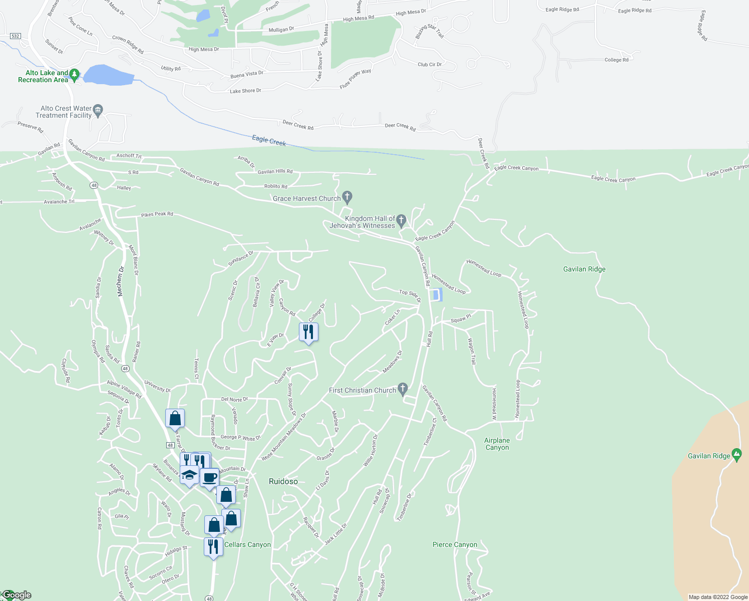 map of restaurants, bars, coffee shops, grocery stores, and more near 149 Top Side Drive in Ruidoso